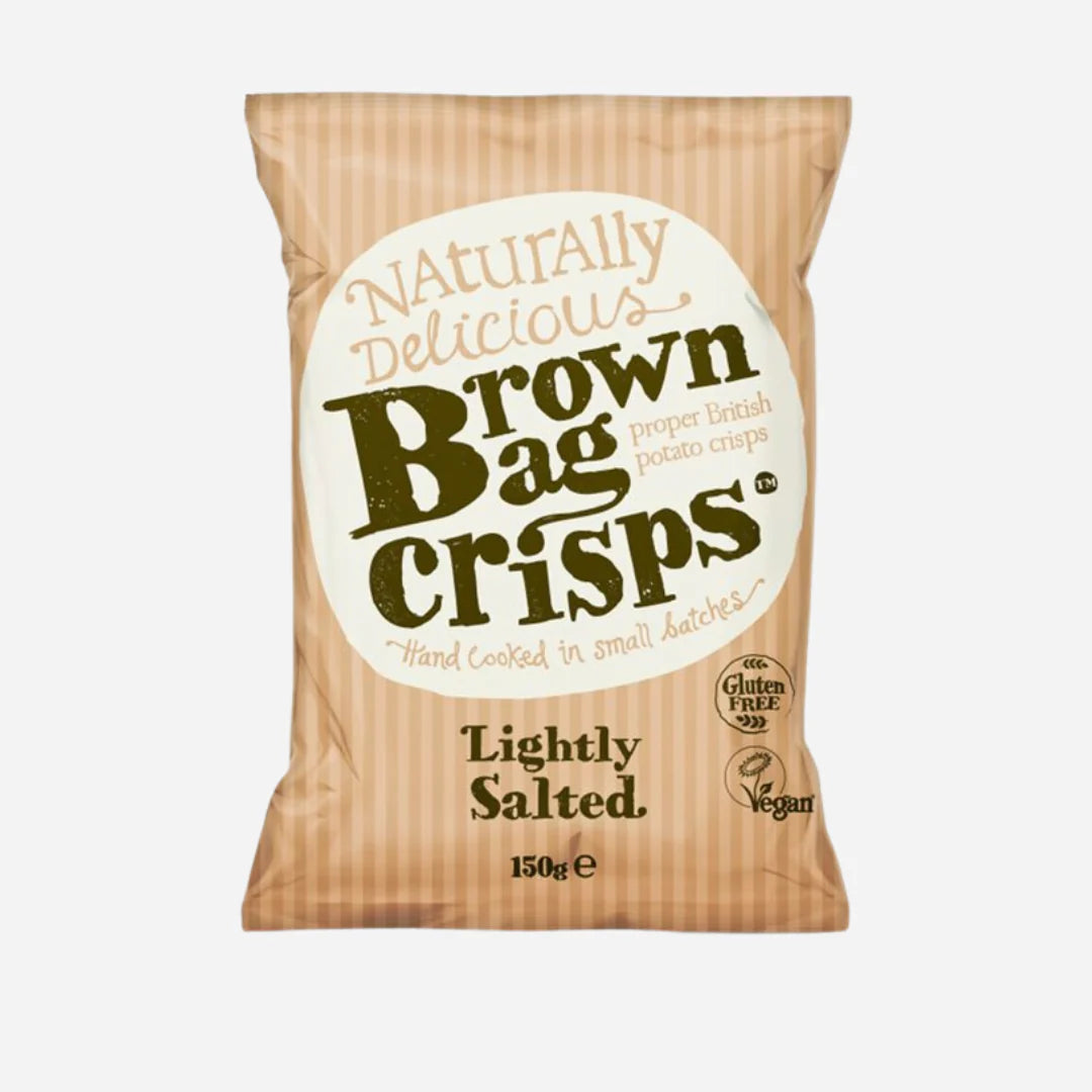 Pack of 'Naturally Delicious Brown Bag Crisps' on a white background
