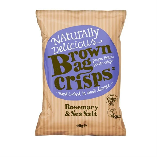 Bag of Brown Bag Crisps with Rosemary & Sea Salt flavor on a white background