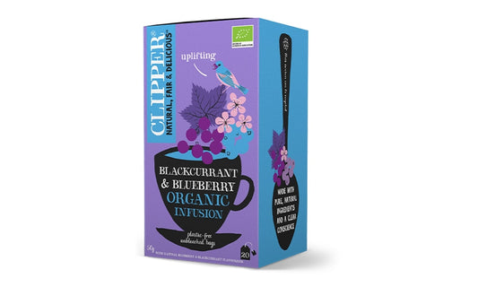Box of Clipper Blackcurrent & Blueberry flavored organic infusions tea with a graphic of a teacup and leaves on the front.