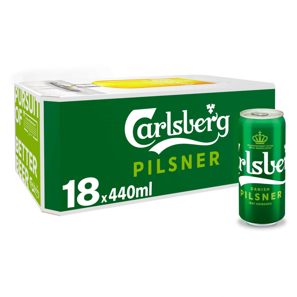Carlsberg Pilsner 18-pack cardboard carton with one green aluminum can shown in front on a white background.