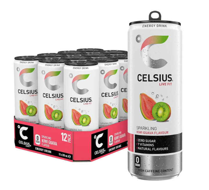 A retail display of Celsius Live Fit Sparkling Kiwi Guava Flavour energy drinks alongside a single tall can, on a white background.