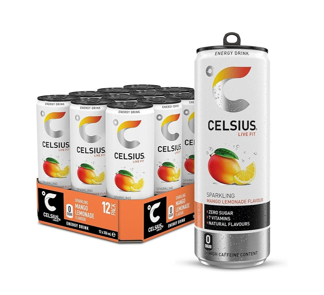 A pack of Celsius energy drinks in Mango Lemonade flavor, featuring a single can in the foreground and a twelve-pack cardboard tray behind it on a white background.