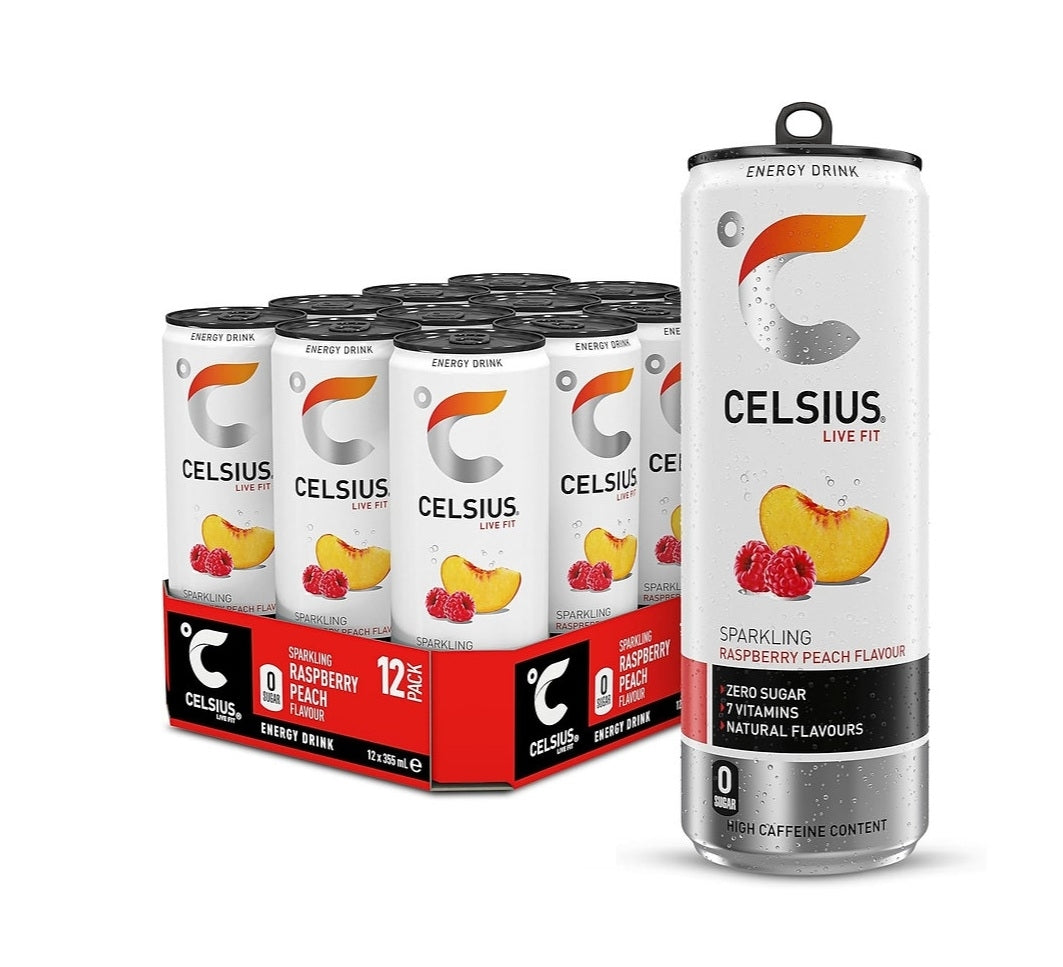 A pack of Celsius Live!t energy drinks in a 12-pack cardboard tray, with one single can standing in front on a clean white background. The can is white with a prominent orange and gray logo, and features illustrations of peach and raspberry on the front.