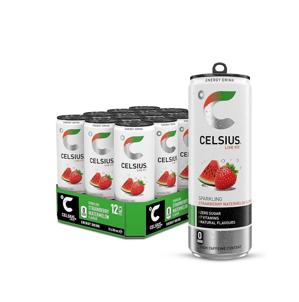 A pack of CELSIUS Energy Drink sparkling strawberry watermelon in a green and white cardboard tray, with one can shown prominently in front on a white background.