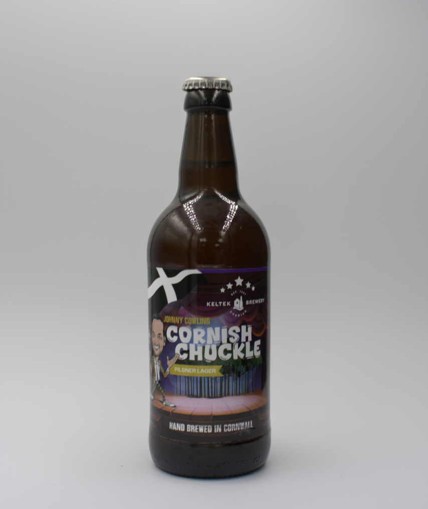 A bottle of Keltek Brewing Cornish Chuckle hand brewed in Cornwall, featuring a dark brown glass bottle with a colorful label and a silver metal cap, set against a plain gray background.