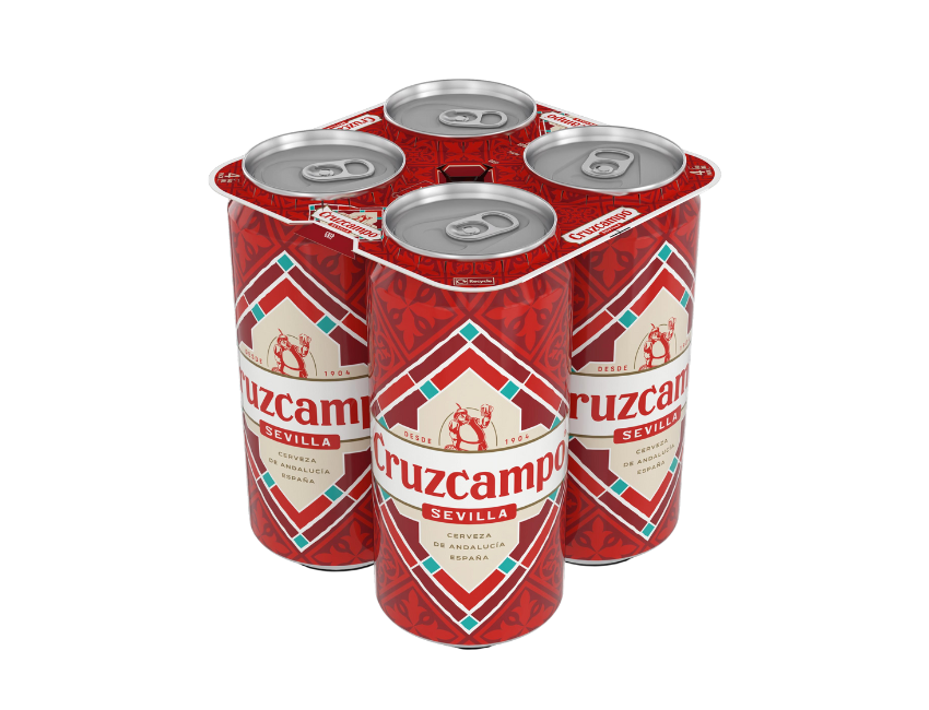 A six-pack of Cruzcampo Sevilla beer, arranged in a four-can carrier with one can in front, on a solid white background.