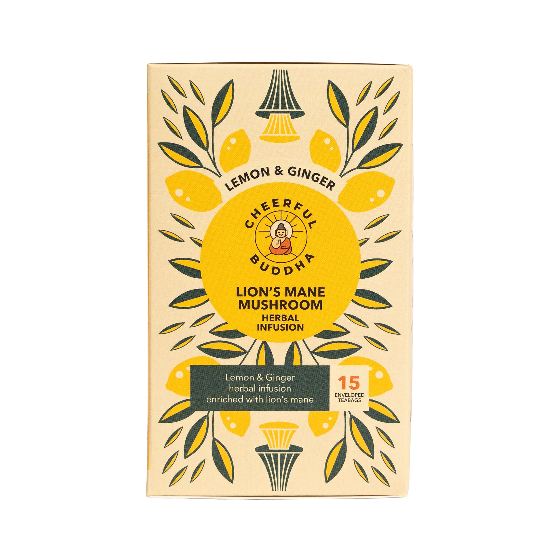 Cheerful Buddha Lion's Mane Mushroom herbal infusion package with lemon and ginger design on a beige background