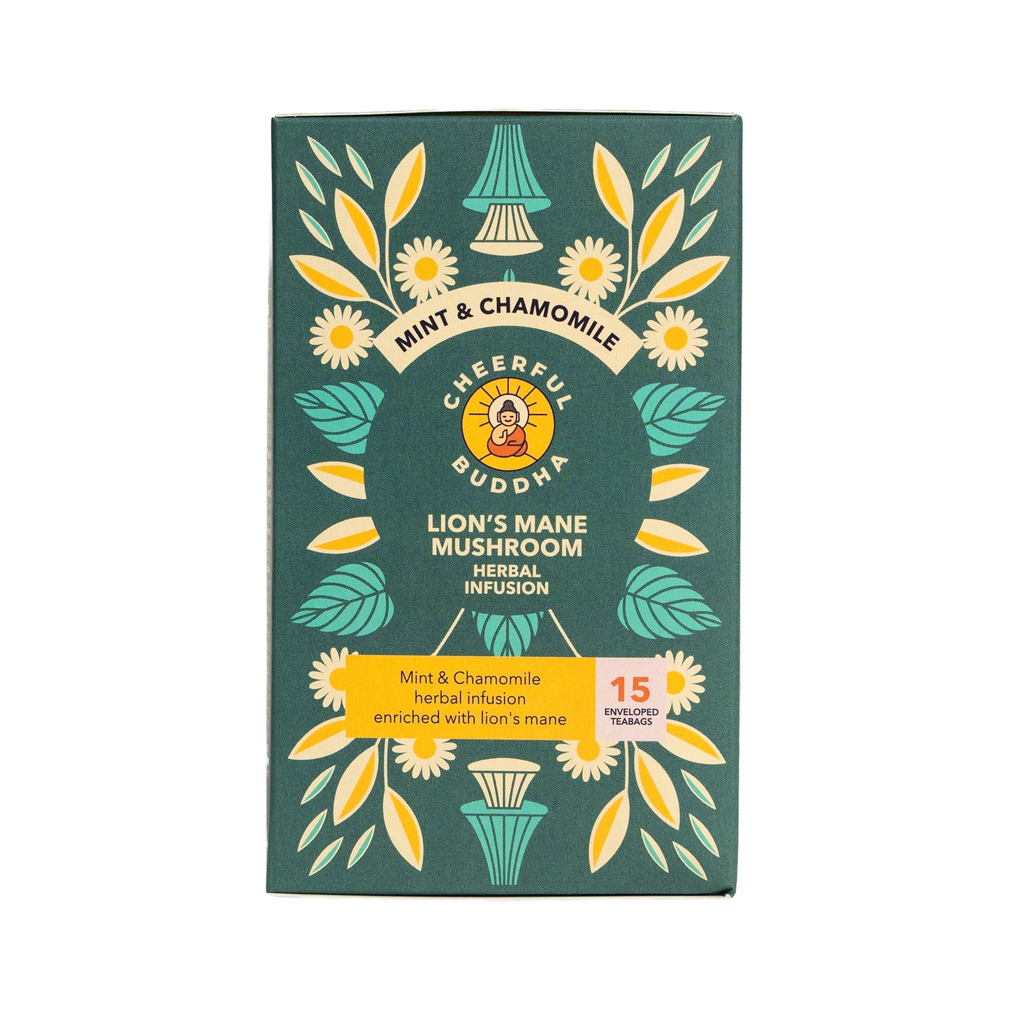 Cheerful Buddha Lion's Mane Mushroom herbal infusion packaging on a white background
