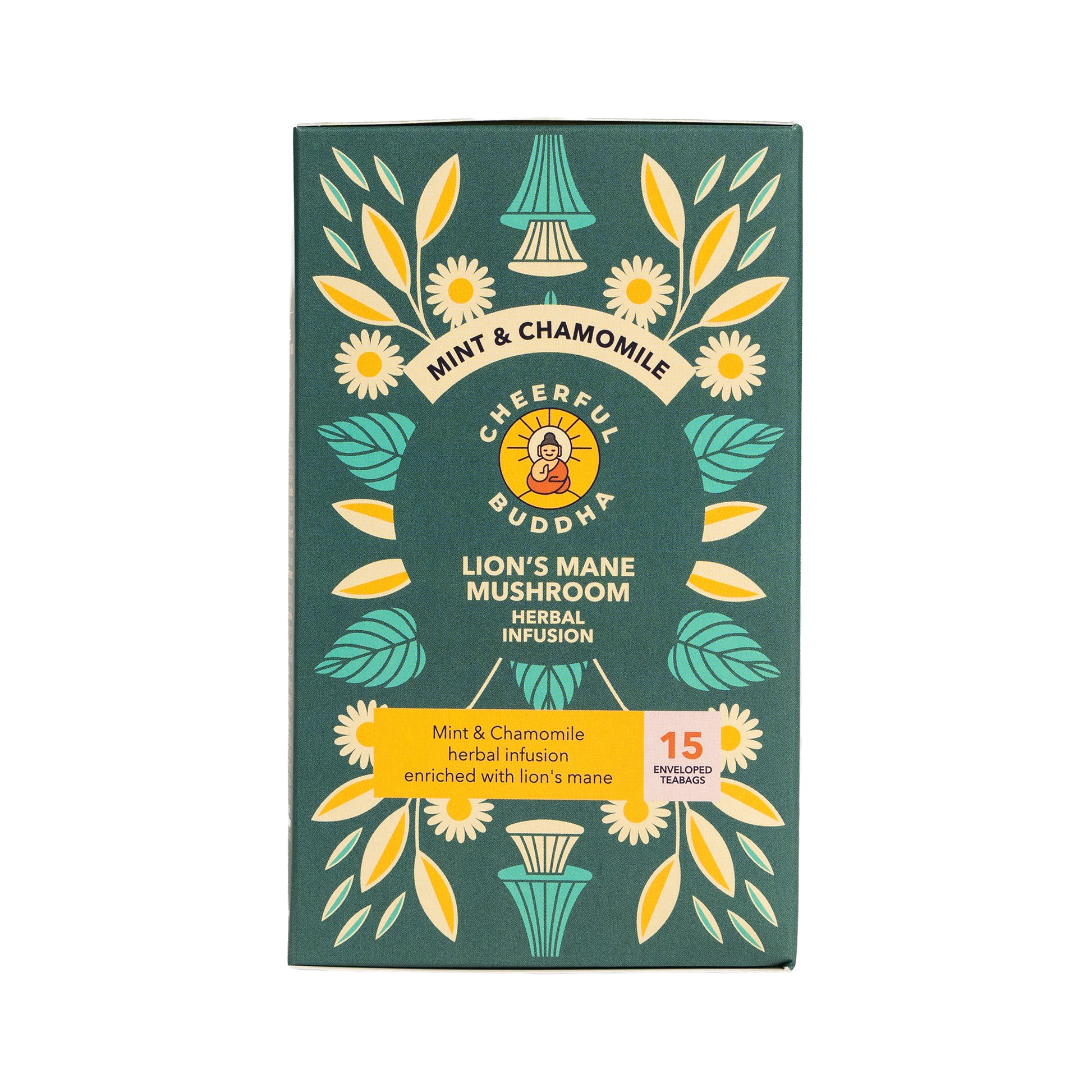 Cheerful Buddha Lion's Mane Mushroom herbal infusion packaging on a white background