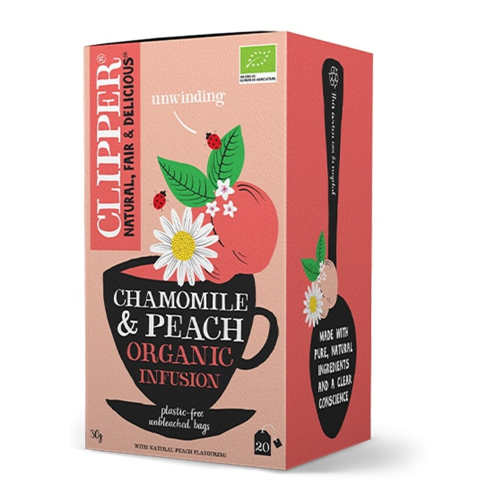 Packaging for CLIPPER Chamomile and Peach herbal tea displaying a cup of tea with a chamomile and peach design, and a tea bag visible.