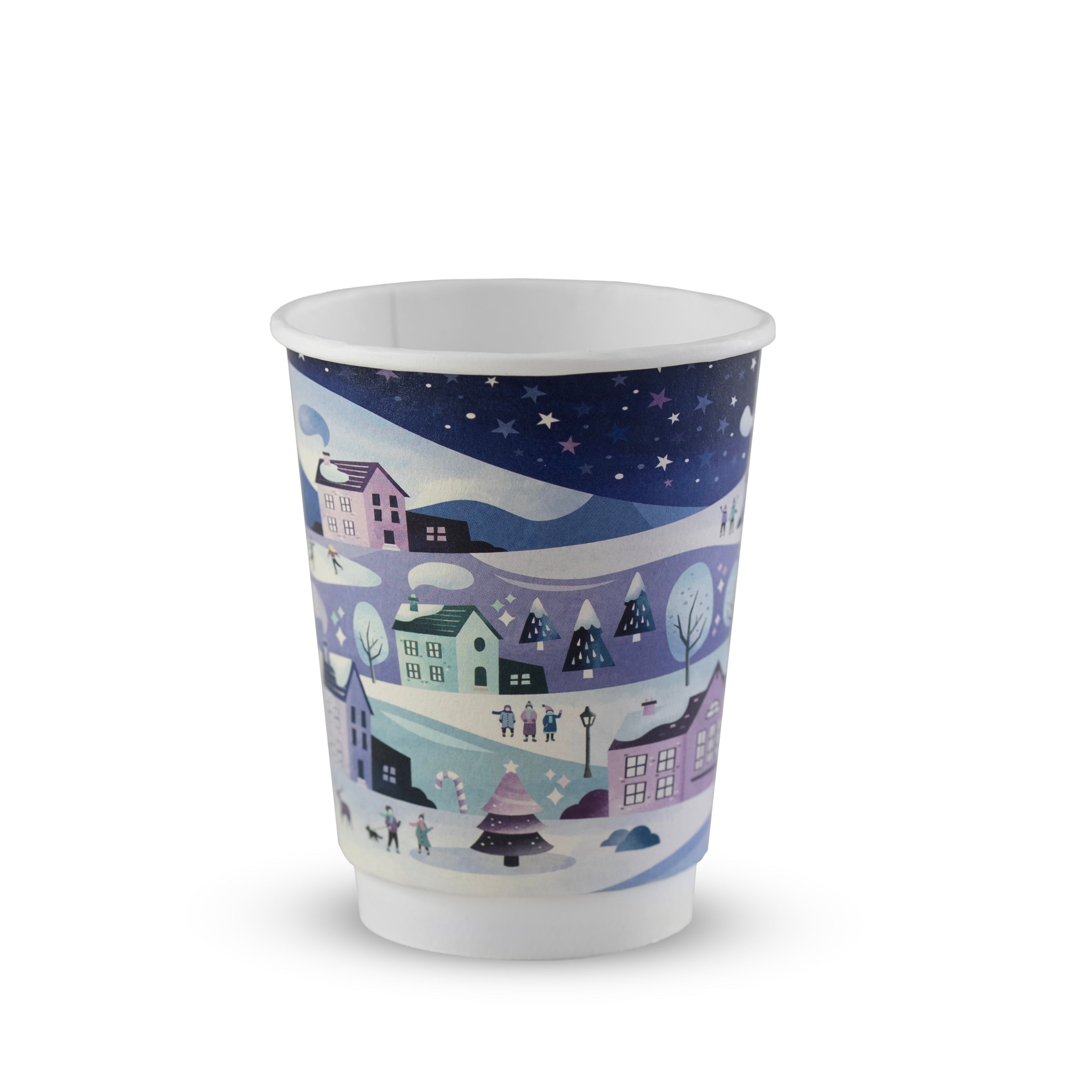 Cup with a winter village design on a white background