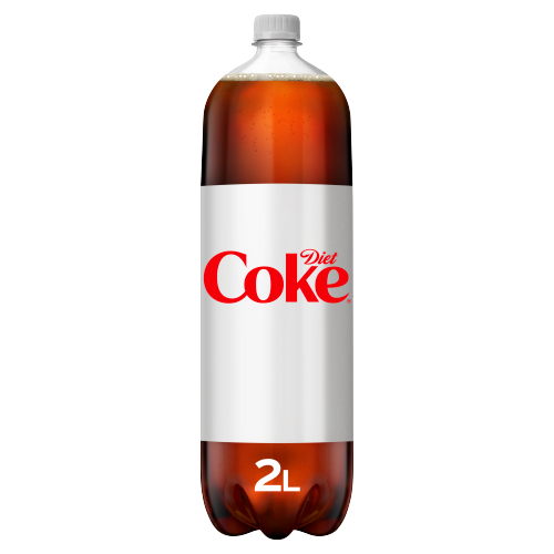 A 2-liter plastic bottle of Diet Coke with a white label and red logo, filled with dark cola, on a plain white background.