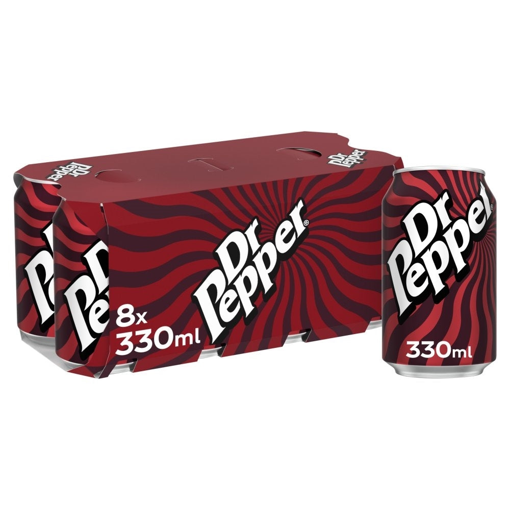 Dr Pepper 8-pack can with red and black design on a white background