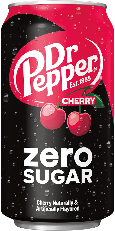 A Dr. Pepper Zero Sugar Cherry soda can with a black and red label, featuring two cherries and the Dr.