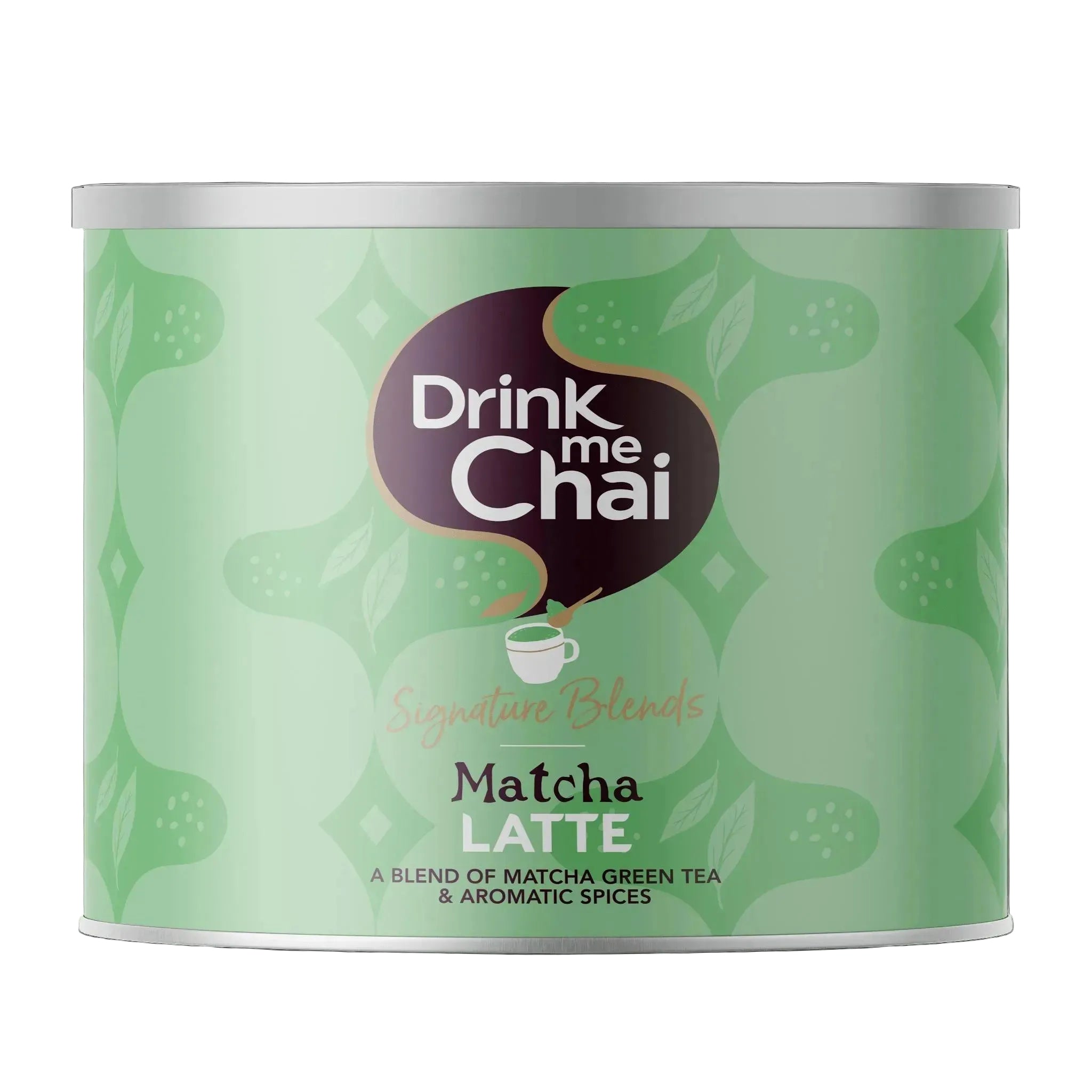 A cylindrical metal tin of Drink Me Chai Signature Blends Matcha Latte on a plain white background.
