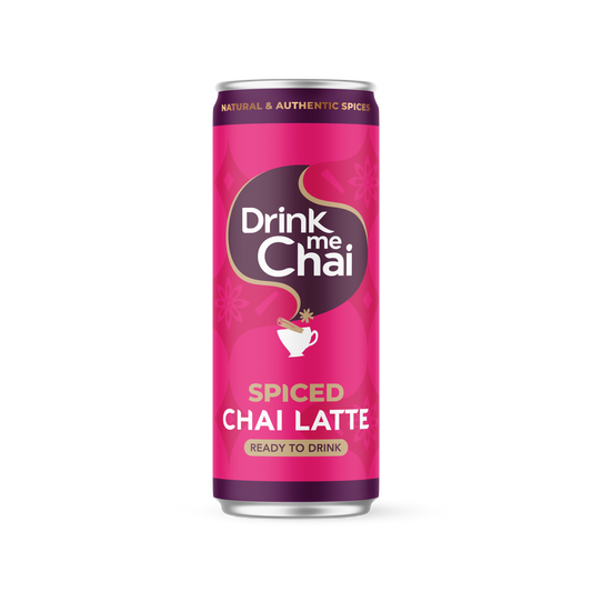 Can of Drink Me Chai Spiced Chai Latte on a white background