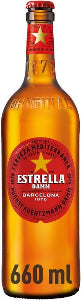 A 660 ml bottle of Estrella Damn Original beer, featuring a golden amber glass body with a prominent red circular label and a red neck seal with a gold star.
