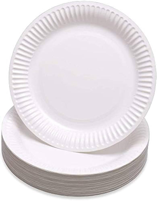 Stack of white disposable paper plates with a fluted edge design, 18cm in diameter.