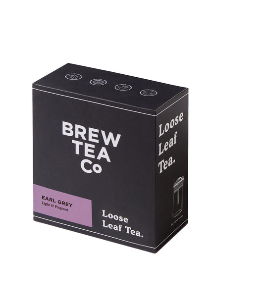 A box of BREW TEA LOOSE LEAF EARL GREY tea with the brand name and product details printed on the front.