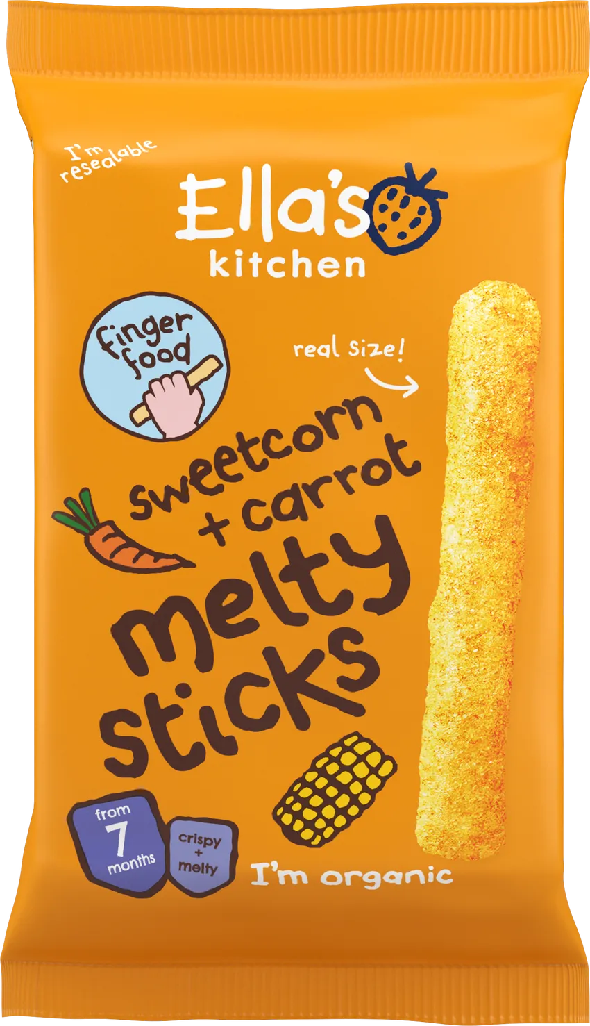 Packaging for Ella's Kitchen Finger Food Sticks with sweetcorn and carrot flavor, labeled as organic, with an illustration of a smiling face, a carrot, and a piece of sweetcorn.