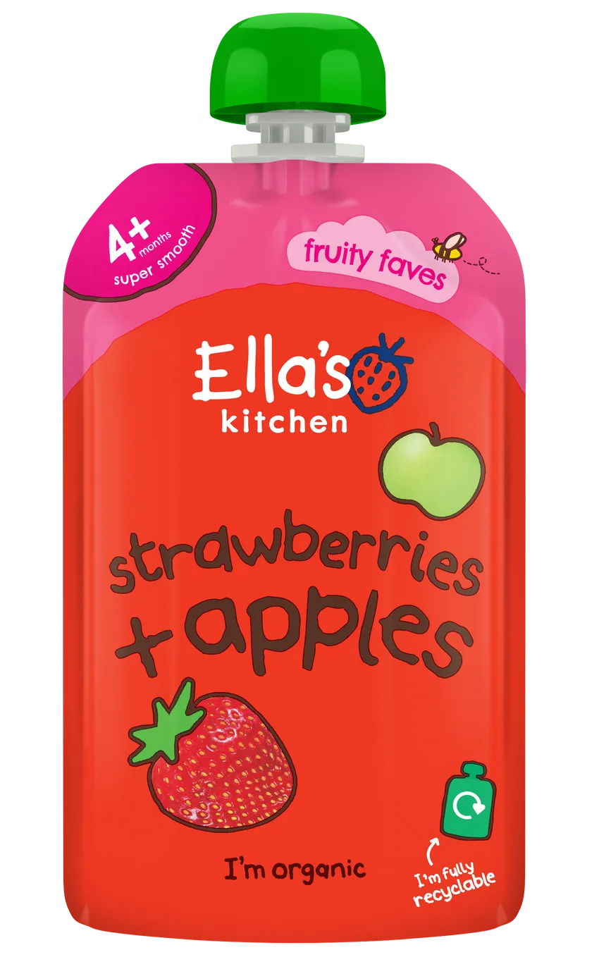 A pouch of Ella's Kitchen Strawberries & Apples baby food. The packaging is predominantly red with images of strawberries and apples, and a green cap on top.