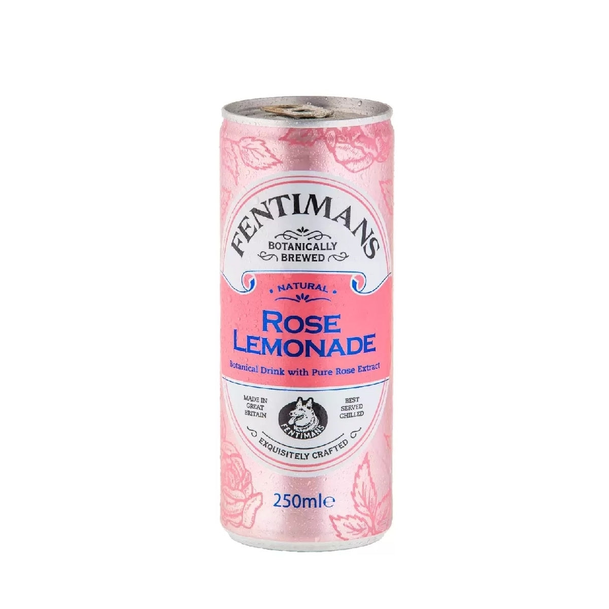 A 250ml can of Fentimans Rose Lemonade, a naturally brewed botanical drink with pure rose extract, shown on a plain white background.