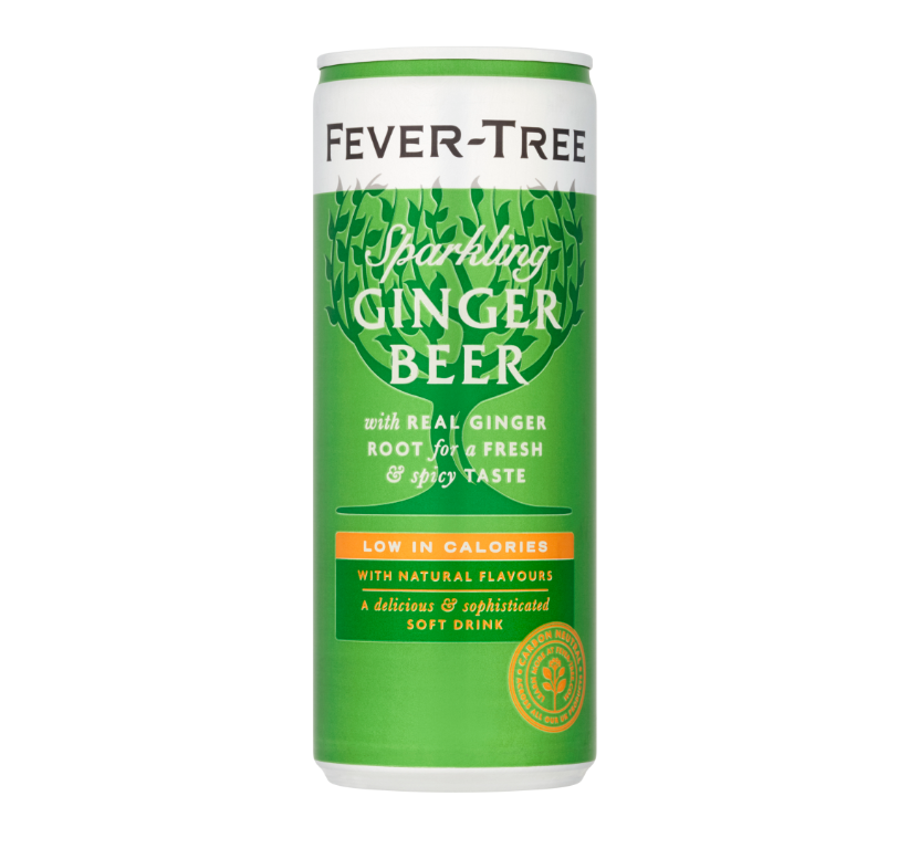 A can of Fever-Tree Sparkling Ginger Beer on a plain white background. The can features a bright green label with white text and a small orange banner indicating low calories.