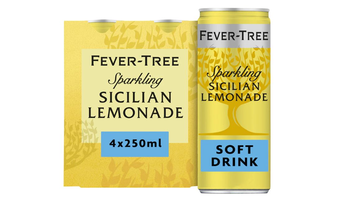 A pack of four Fever-Tree Sparkling Sicilian Lemonade soft drink cans shown alongside their yellow cardboard outer carton on a plain white background.