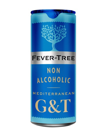 A blue can of Fever-Tree Non Alcoholic Mediterranean G&T beverage on a plain white background.