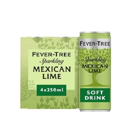 A pack of four Fever-Tree Sparkling Mexican Lime soft drinks, showing the green cardboard box and one individual can on a plain white background.