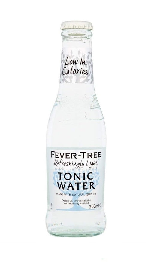 A 200ml glass bottle of Fever-Tree Refreshingly Light Tonic Water on a plain white background.