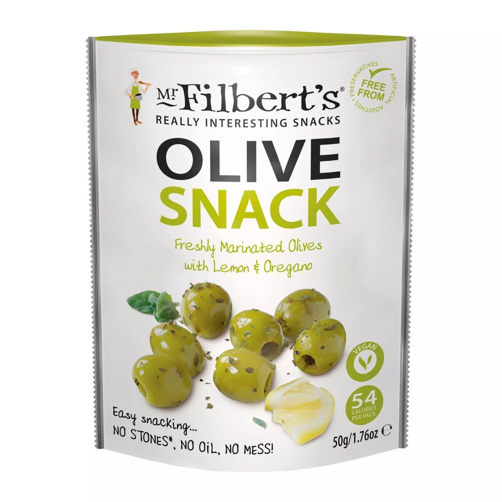 A package of Mr. Filbert's Olive Snack, featuring green olives and a sliced olive on a white background with green accents.