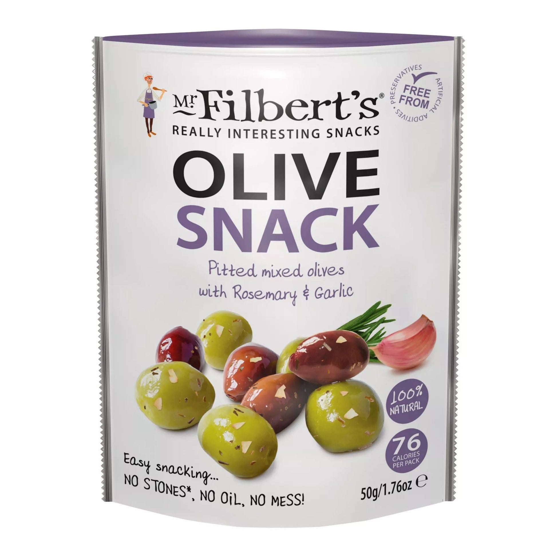 A package of Mr. Filbert's Olive Snack, featuring pitted mixed olives with rosemary and garlic on a white background with purple accents.