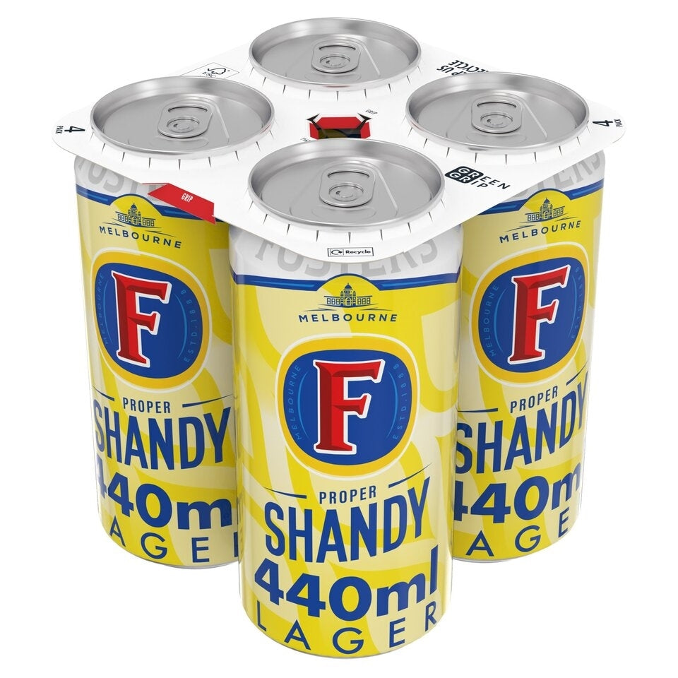 Six packs of Fosters Shandy beer cans on a white background