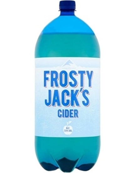 A 2-liter plastic bottle of Frosty Jack's Cider with a blue cap and a white label featuring blue text, set against a plain white background.