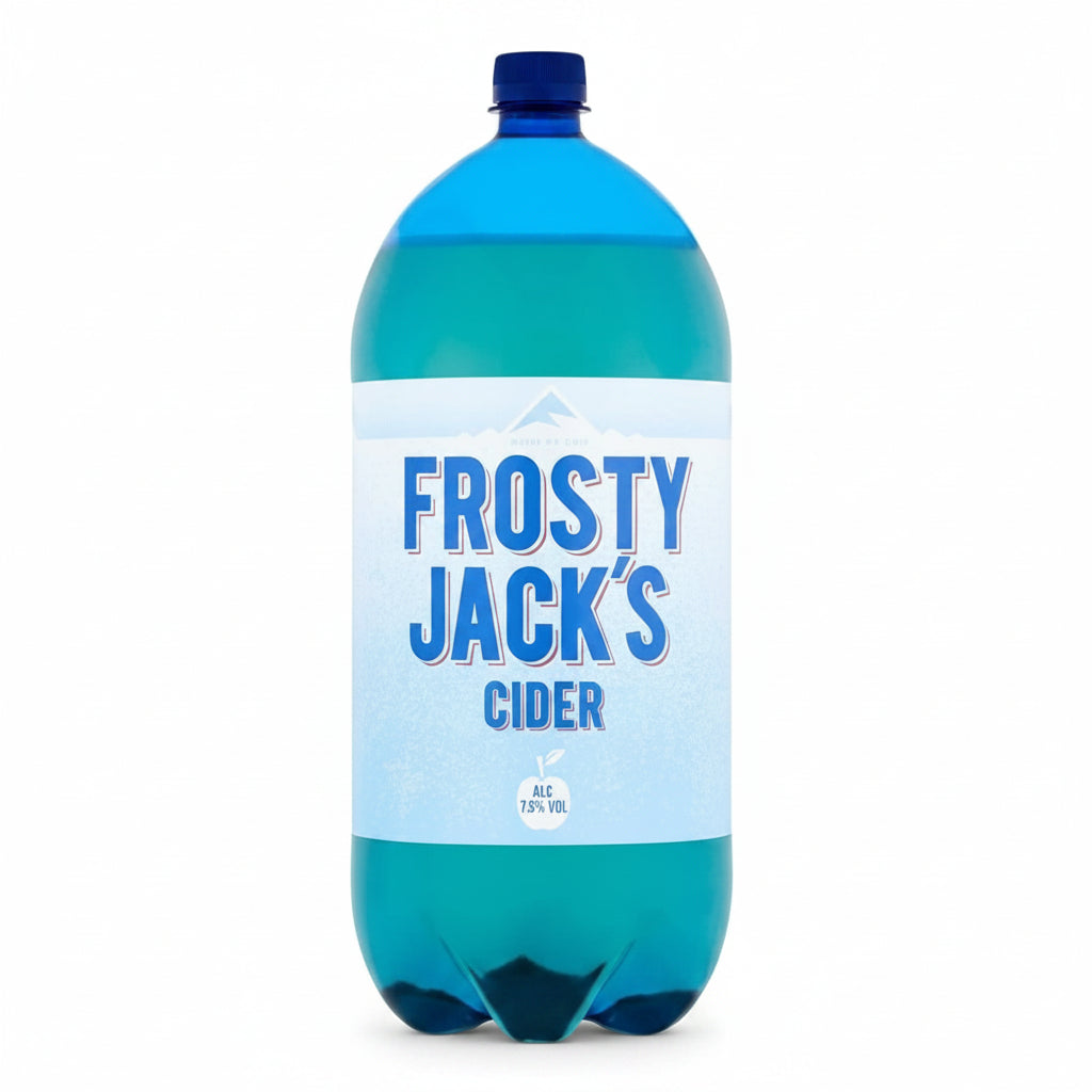 A 2-liter plastic bottle of Frosty Jack's Cider with a blue cap and a white label featuring blue text, set against a plain white background.
