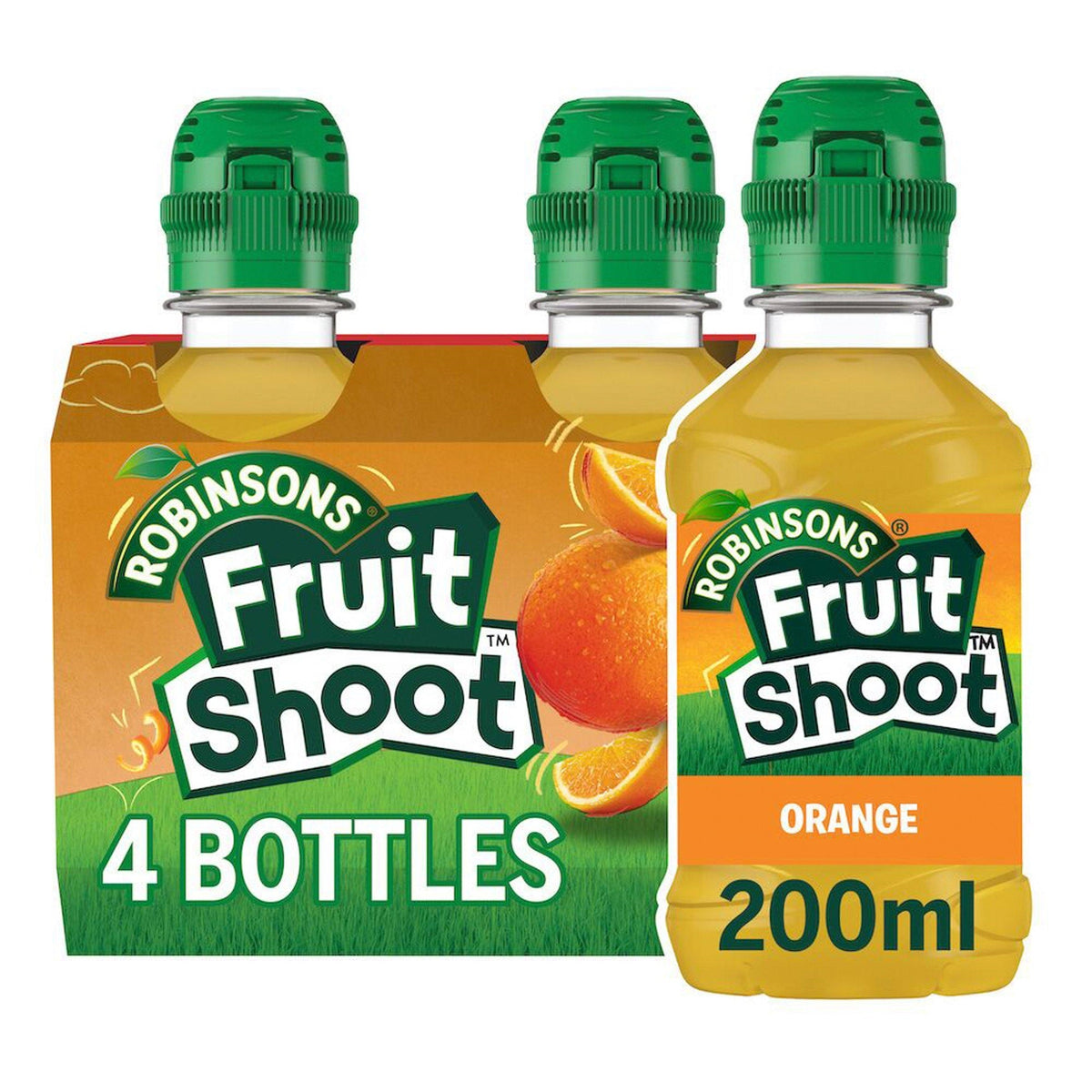 Robinsons Fruit Shoot Orange drinks bottles with packaging on a white background