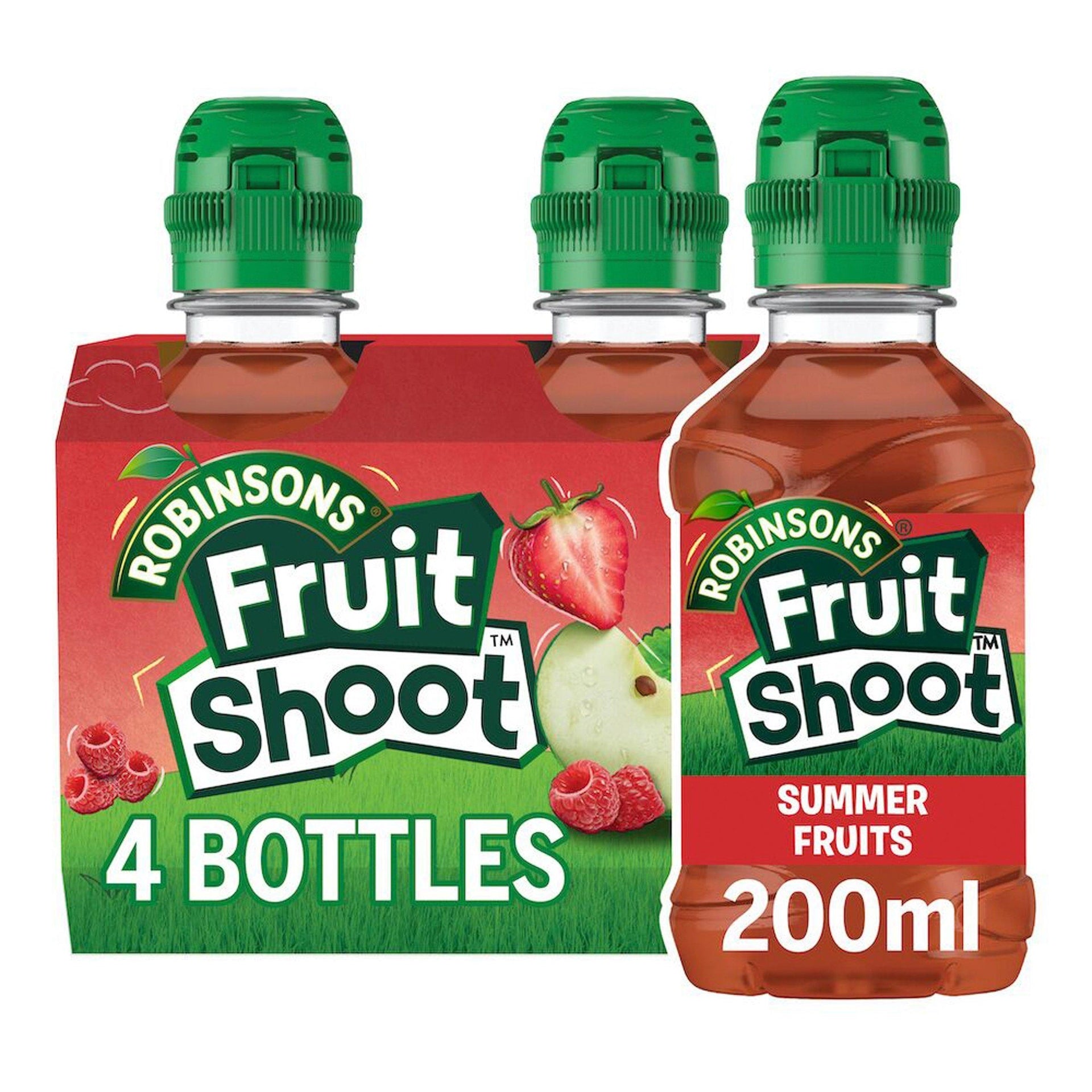 Packaging of Robinsons Fruit Shoot summer fruits drinks with green caps on a white background.