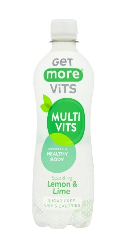 A bottle of Get More Vits Multi Vits Sparkling Lemon & Lime on a plain white background.