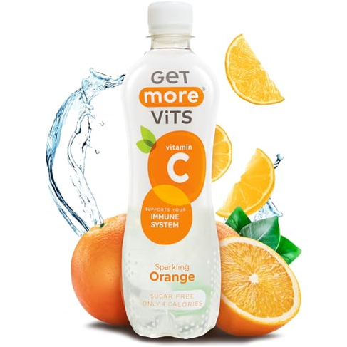 A bottle of Get More Vits Sparkling Orange vitamin C drink, surrounded by fresh orange slices, halves, and a water splash on a white background.