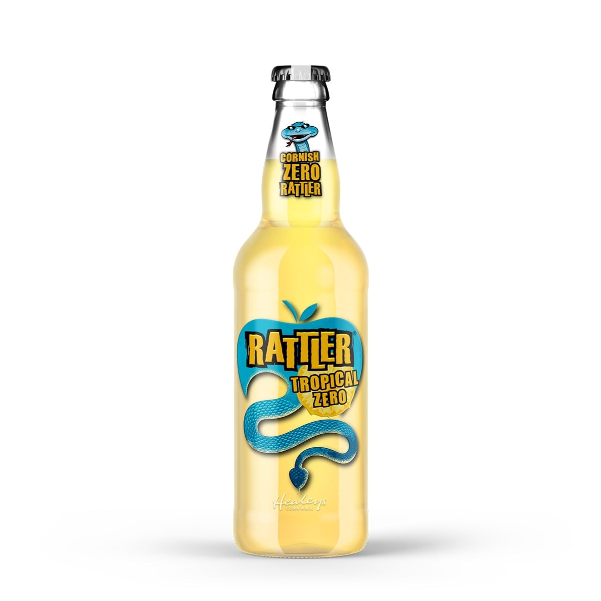 A glass bottle of Rattler Tropical Zero cider, filled with a pale yellow liquid, featuring a blue and yellow label with a coiled snake graphic, on a white background.