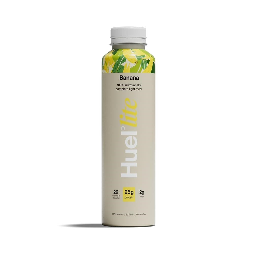 Huel banana protein shake container on a white background