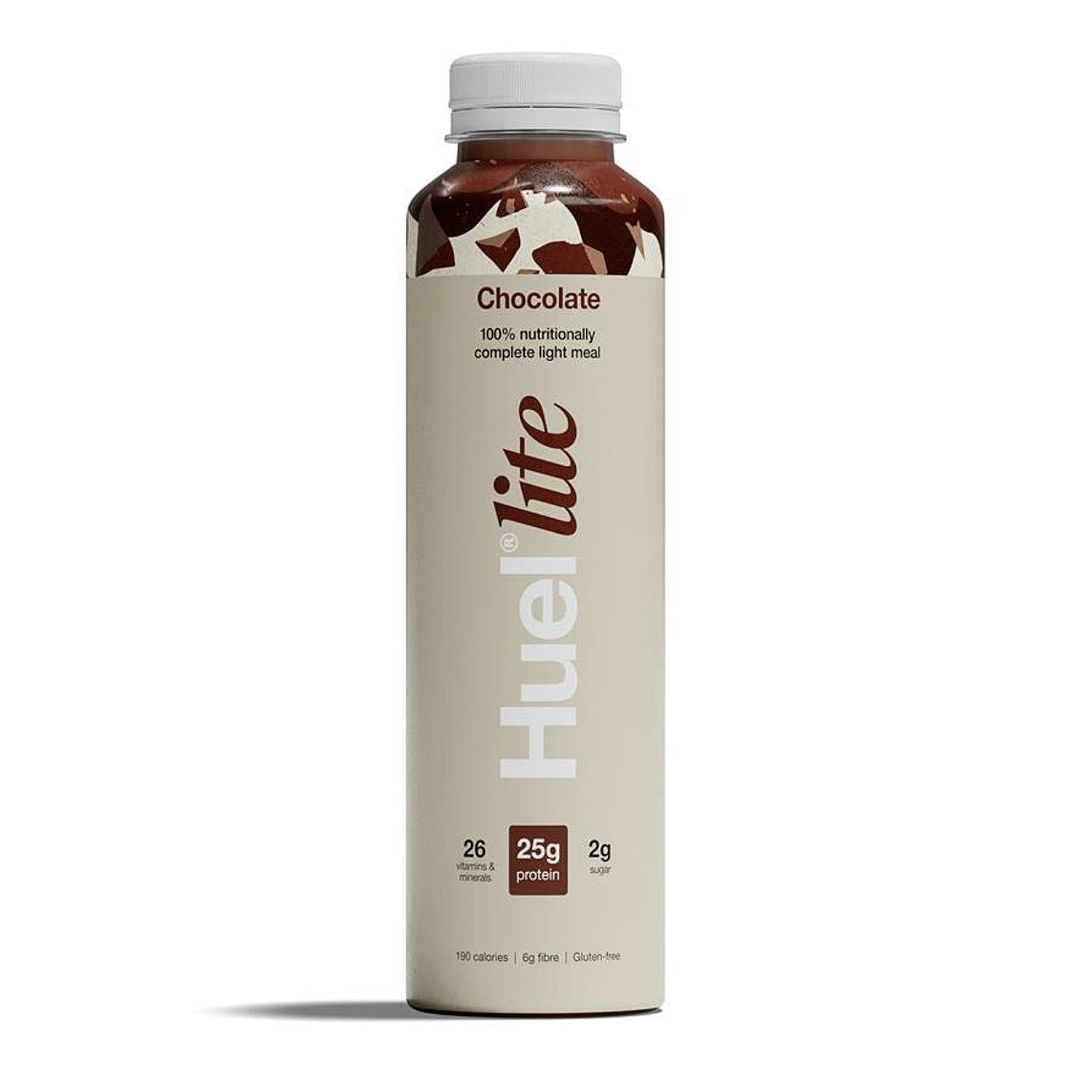 A Huelite Chocolate 100% nutritionally complete light meal in a slim bottle with a white cap, featuring a beige label with brown and white text.