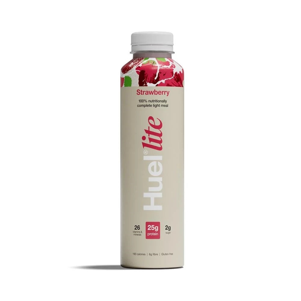 Huel Lite strawberry protein shake container on a white background