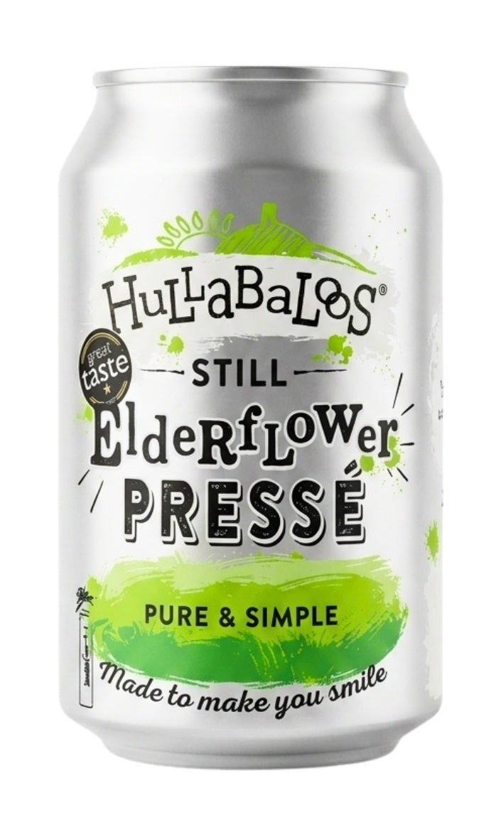 A silver aluminum can of HulaBaLoos Still Elderflower Press, featuring a white label with green watercolor splashes and black text, isolated on a white background.