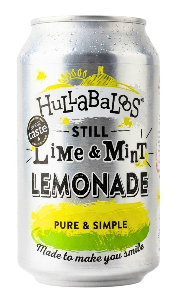 A silver aluminum can of HulaBaloos Still Lime & Mint Lemonade with condensation droplets, featuring yellow and black text on a white background.