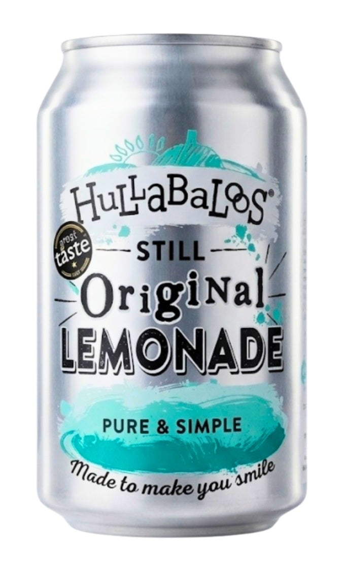 A silver aluminum can of HulaBaloos Still Original Lemonade on a plain white background.