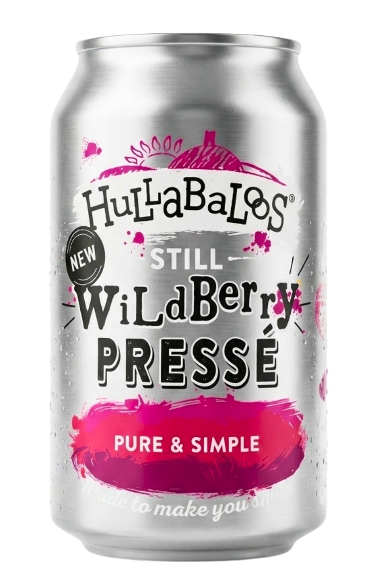 A silver can of Hullabaloos still Wild Berry Presse with purple writing