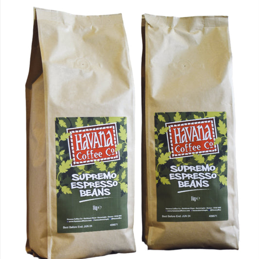 Two bags of 'Havana Supremo Espresso Beans 1kg' stacked in front of each other with a beige background.