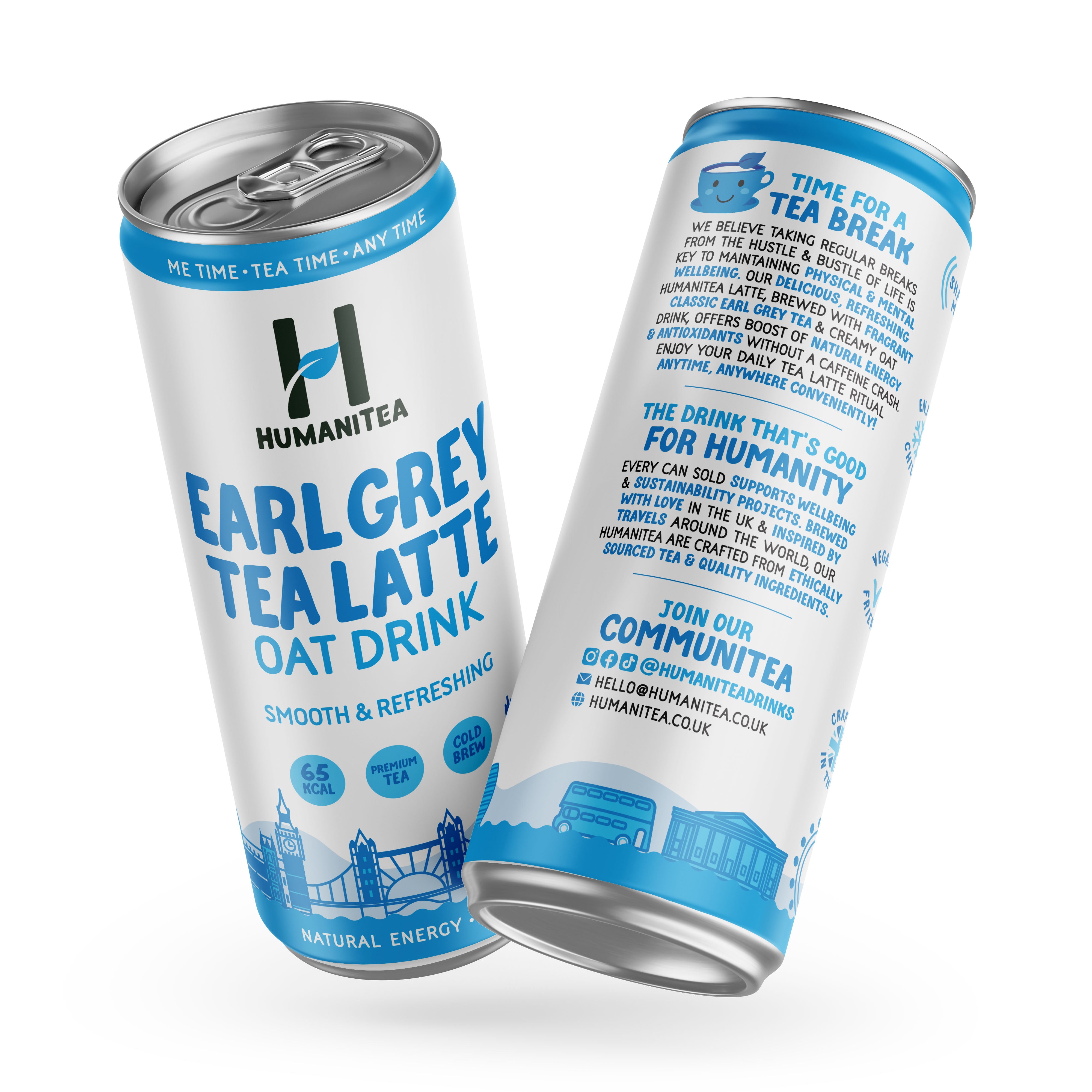 Two cans of Humanitea Earl Grey Tea Latte Oat Drink on a white background